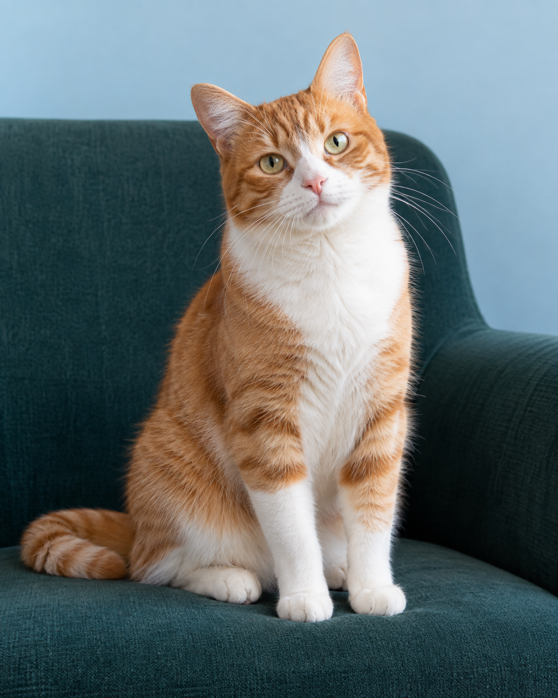 Een nieuwsgierige oranje-witte kat op een groene stoel